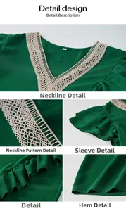 Detail of dark green V-neck top featuring beige lace trim and delicate ruffle edges
