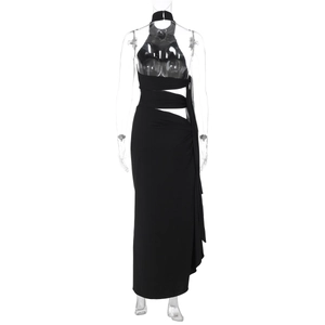 Detail view of black halter neck top and cutout maxi skirt with side lace-up design