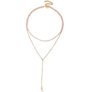Double-layered gold Y-necklace with elegant faux pearls and adjustable chain on white background