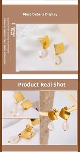 Detailed macro view of baroque pearl earrings with golden square metallic plate