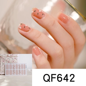 Detail of pink floral nail stickers QF642 featuring delicate patterns and 14 pieces set