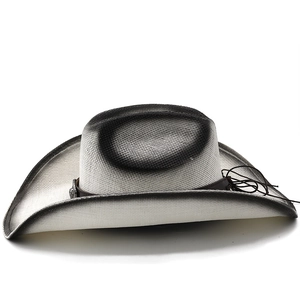 Detail of two-tone woven cowboy hat showing gradient spray finish and leather band