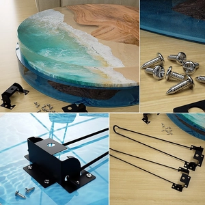 Runder Epoxidharz-Flusstisch-Bausatz mit Holz-Resin-Platte und schwarzen Haarnadelbeinen
