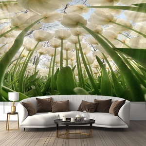 Detailed view of forest tulip tapestry mural in a modern minimalist living room setting