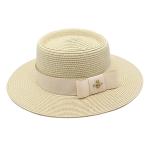 Unisex Wide Brim Boater Straw Hat Flat Top Summer Sun Protection Beach Fedora With Gold Bee Ribbon Bow