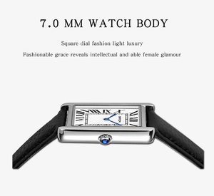 Detail showing 7mm slim silver rectangular watch case with blue sapphire crown