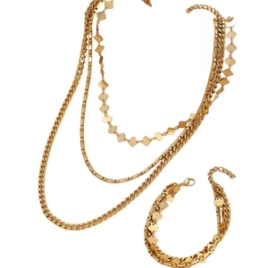 Elegant multi-layer gold plated necklace and bracelet jewelry set with rhombic charms