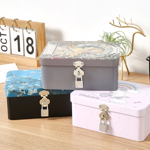 Vintage tin storage box set with locks featuring art patterns and metal buckles