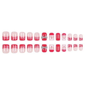 24pcs Christmas press-on nails with Santa Claus patterns, glitter, and silver bow rhinestones