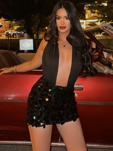 Sexy Halter Deep V Backless Mini Dress Black Sequined Bodycon Party Clubwear Street Style Women