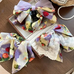 Floral Bow Hair Claw Clip And Scrunchie Lace Artificial Pearl Organza Fabric Vintage Oil Painting Style Accessories For Women