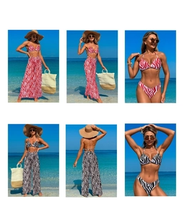 Three-piece zebra print bikini set with matching beach trousers shown from multiple angles