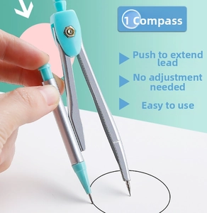 Close-up of sky blue mechanical compass with press-to-extend lead for easy drawing