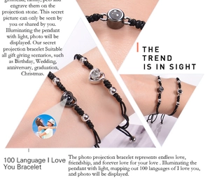 Detail of adjustable woven photo projection bracelet with heart and cylinder charms