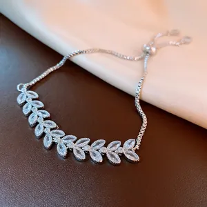 Silver willow leaf bracelet with marquise zircon and adjustable draw pull chain closure