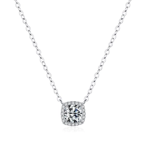 Elegant S925 sterling silver necklace with a square halo moissanite pendant on white background