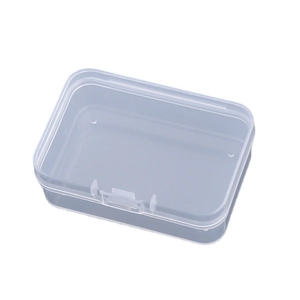 Clear rectangular plastic storage box with flip-top lid for jewelry and small parts