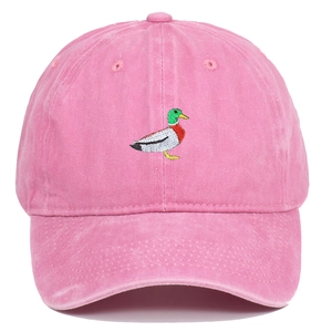 Vintage washed pink cotton baseball cap with green duck embroidery and curved brim