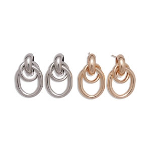 Interlocking geometric oval stud earrings in polished silver and rose gold metal finish