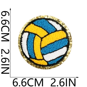 Detail of round volleyball chenille patch with gold sequins and measurement marks