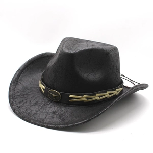 Chapeau De Cow-Boy Western Similicuir Texture Craquelée Insigne Tête De Vache Rétro Bord Large Protection Solaire
