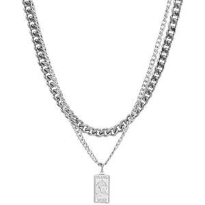 Double-layered silver titanium steel chain necklace with Venus 1830 rectangular pendant