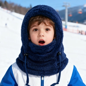 Detail of navy blue fleece thermal ski hood with adjustable drawstrings for kids