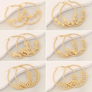Stainless Steel Hoop Earrings Gold Plated Floral Heart Butterfly Cross Pattern Exaggerated Round Earrings Women Fashion Jewelry