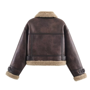 Detail of dark brown leather jacket with off-white faux shearling trim and back seams