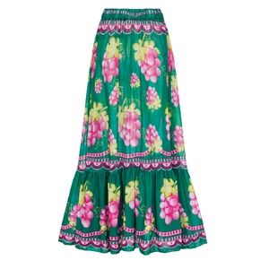 Detail of floral printed skirt with pink grape pattern and layered ruffled hemline