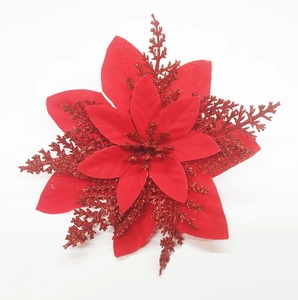 Detailed view of red velvet poinsettia petals with sparkling red glitter for Christmas decor