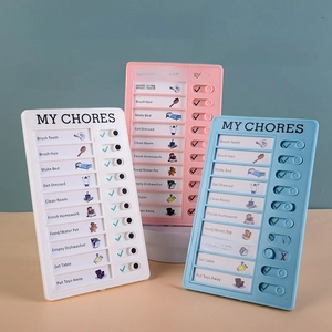 Detailed sliding mechanism on chore checklist task boards in white, pink and blue