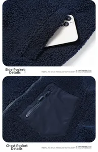 Detail of fleece jacket featuring a chest zipper pocket and deep side hand pockets