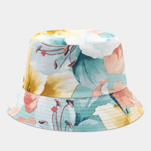 Detail of floral bucket hat featuring colorful patterns and multi-row reinforced stitching