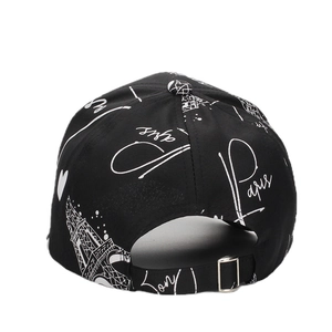 Black baseball cap with Eiffel Tower graffiti print and adjustable metal back buckle