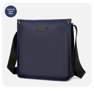 Close-up of deep blue business messenger bag with adjustable strap and logo detail