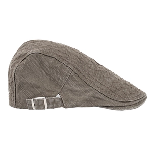 Classic men's brown cotton flat cap with striped quilting and metal side buckle
