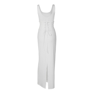 Detail of white sleeveless dress showing corset-style back lacing and a rear slit detail