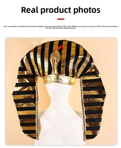 Detailed view of the gold and black Egyptian pharaoh nemes headpiece with snake emblem