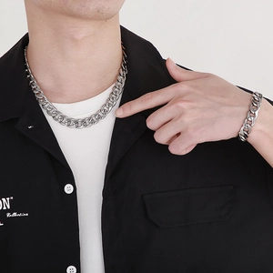 Men's silver stainless steel chunky Cuban link chain necklace and bracelet set for rock style