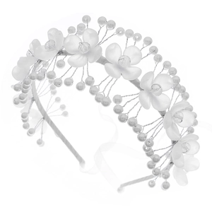 Elegant flower hairband with pearls and ribbons for flower girls and bridal weddings