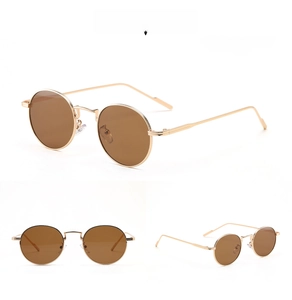 Three-angle views showing gold metal round frames and tea lenses of retro sunglasses