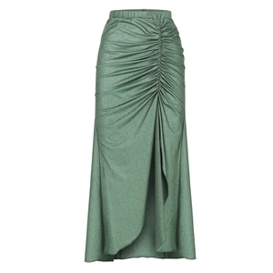 Detail of sage green ruched midi skirt with front slit and metallic shimmer fabric