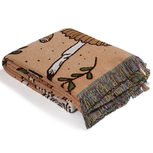 Bohemian jacquard woven blanket with cartoon illustration and colorful fringe edges