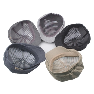 Five assorted men's striped corduroy beret hats shown from a top-down view in various colors