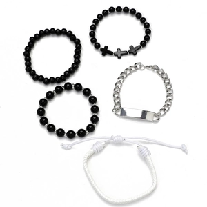 5-piece men hip hop bracelet set featuring black beads cross charms and silver chain link