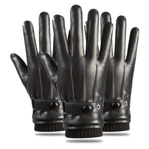 Men Winter PU Leather Gloves Fleece Lined Touchscreen Windproof Warm Outdoor Driving Ribbed Cuffs Buckle Decoration