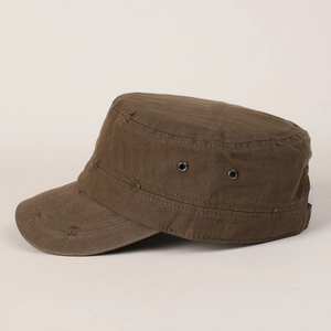 Detail view of coffee flat top army cap with metallic eyelets and distressed vintage fabric