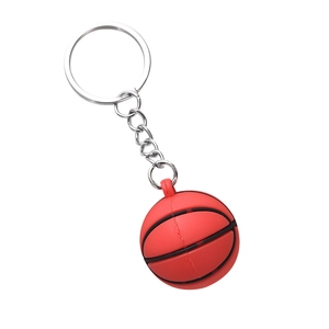 Red basketball keychain with black stitching and silver metal ring on white background