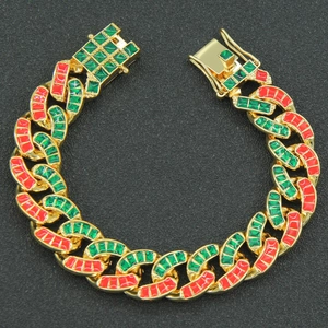Gold Cuban link bracelet with red and green enamel accents for men's hip hop street style